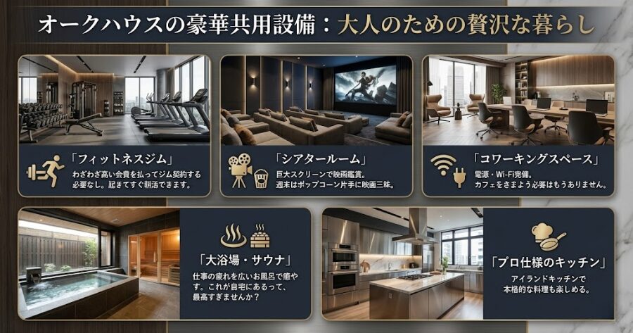 フィットネスジム: わざわざ高い会費を払ってジム契約する必要なし。起きてすぐ朝活できます。
シアタールーム: 巨大スクリーンで映画鑑賞。週末はポップコーン片手に映画三昧。
コワーキングスペース: 電源・Wi-Fi完備。カフェをさまよう必要はもうありません。
大浴場・サウナ: 仕事の疲れを広いお風呂で癒やす。これが自宅にあるって、最高すぎませんか?
プロ仕様のキッチン: アイランドキッチンで本格的な料理も楽しめる。
インフォグラフィック