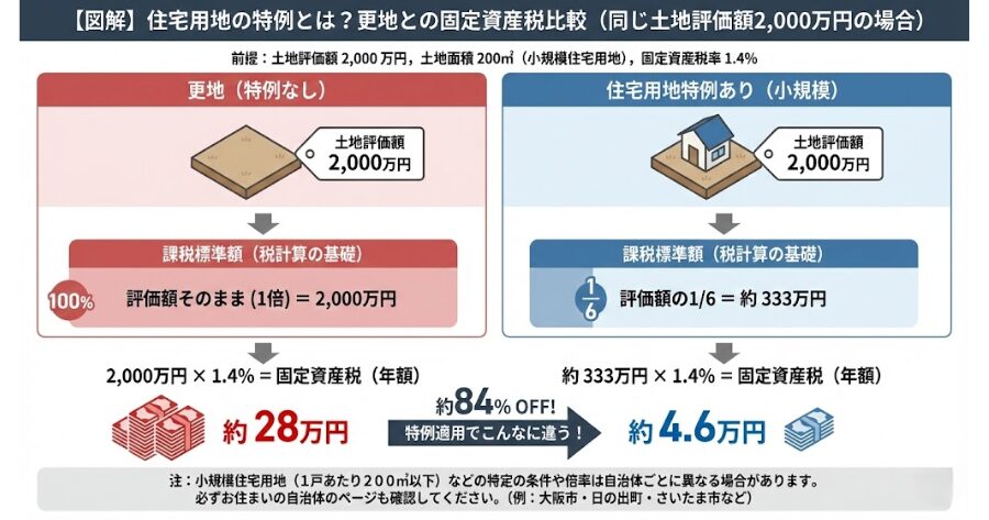 （住宅用地の特例）: 特例がある場合とない場合（更地）の税額の違いを比較した分かりやすいインフォグラフィック
