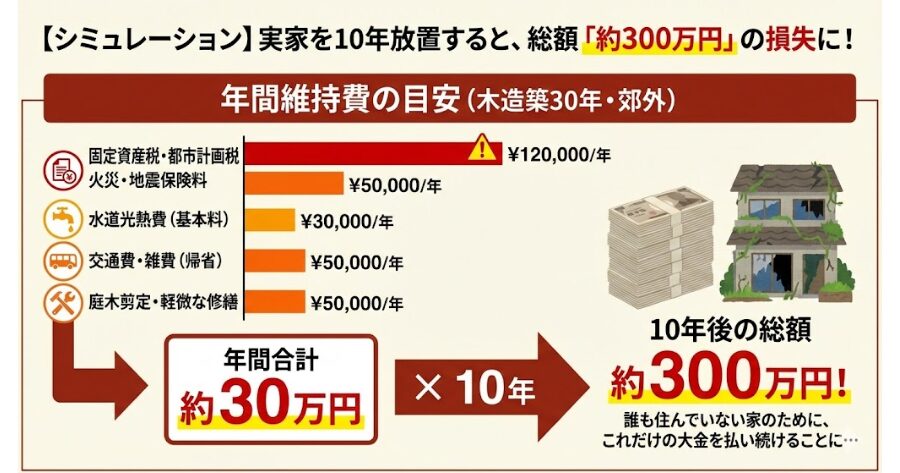 【年間維持費の目安】
固定資産税・都市計画税：約12万円
火災・地震保険料：約5万円
水道光熱費（基本料）：約3万円
交通費・雑費（年数回の帰省）：約5万円
庭木剪定・軽微な修繕（平均）：約5万円
インフォグラフィック