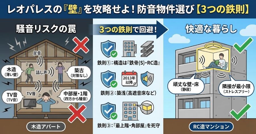 建物の構造は「鉄骨造（S造）」か「鉄筋コンクリート造（RC造）」を狙え築年数は「2013年以降」がボーダーライン絶対に「角部屋」の「最上階」を死守しろ
