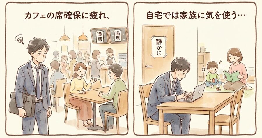 カフェの席確保に疲れ、自宅では家族に気を使うをイメージしたインフォグラフィック