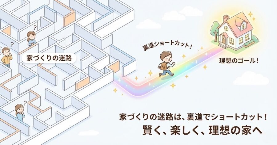 迷路のような家づくりの道を、ショートカット（裏道）でゴールに向かうイメージイラスト