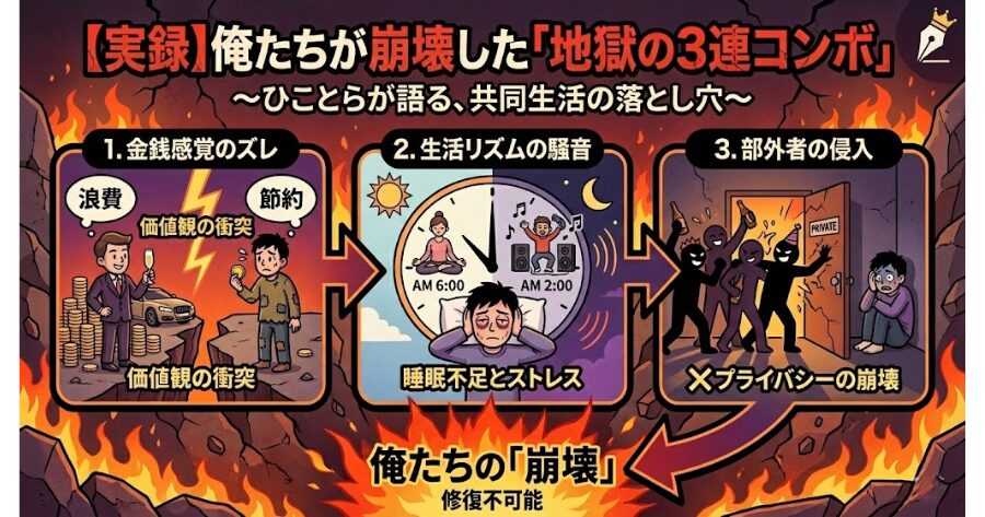 【実録】俺たちが崩壊した「地獄の3連コンボ」
1. 金銭感覚のズレ
2. 生活リズムの騒音
3. 部外者の侵入
イメージイラスト