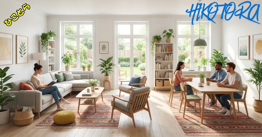 シェアハウスの明るく清潔な共有リビングのイメージ画像