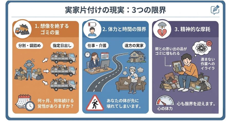 想像を絶するゴミの量： 2トントラック何台分ものゴミを、分別し、袋詰めし、指定の日に出す。これを何ヶ月、何年続ける覚悟がありますか？  体力と時間の限界： 仕事や介護で忙しい中、遠方の実家に通い、悪臭と埃の中で重労働をする。あなたの体が先に壊れてしまいます。  精神的な摩耗： 親との思い出の品がゴミに埋もれているのを見る辛さ、進まない作業へのイライラ。心も限界を迎えます。
インフォグラフィック