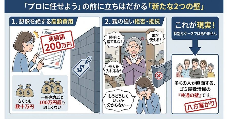 「それならプロに任せよう」と思っても、そこには新たな壁が立ちはだかります。  私の元に相談に来られた50代の女性は、遠方の実家の片付けを業者に見積もり依頼したところ、「200万円」と言われて愕然としたそうです。  さらに、親の強い拒否にも遭い、「もうどうしていいか分からない」と泣きながら仰っていました。  これは特別なケースではありません。ゴミ屋敷の清掃費用は、安くても数十万円、一軒家丸ごととなれば100万円を超えることは決して珍しくありません。
インフォグラフィック