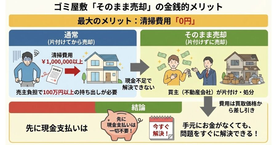 これが最大のメリットです。通常、家を売る前には、売主の負担で家を空っぽにする必要があります。そのために、あなたは100万円以上の清掃費用を、持ち出しで支払わなければなりません。  しかし、「そのまま売却」なら、片付けや処分の手配はすべて買主（不動産会社）が行います。その費用は、家の買取価格から差し引かれる形になるため、あなたが先に現金を支払う必要は一切ありません。  手元にまとまったお金がなくても、今すぐ問題を解決できるのです。
インフォグラフィック