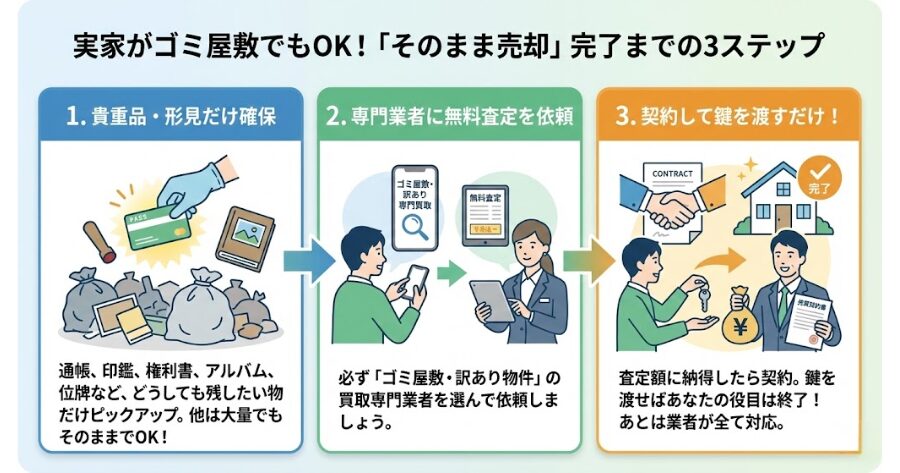 1. 貴重品・どうしても残したい形見だけ確保する  通帳、印鑑、権利書などの重要書類と、アルバム数冊、位牌など、どうしても手元に残したいものだけをピックアップしてください。それ以外は、どんなに大量にあっても、そのまま置いておいて大丈夫です。  2. 「そのまま買取」の専門業者に無料査定を依頼する  前述の通り、必ず「ゴミ屋敷」「訳あり物件」の買取を専門としている業者を選び、無料査定を依頼しましょう。  3. 提示額に納得したら、契約して鍵を渡す  査定額に納得できたら、契約を結び、家の鍵を渡します。これであなたの役目は完了です。あとは業者が全て責任を持って対応してくれます。
インフォグラフィック