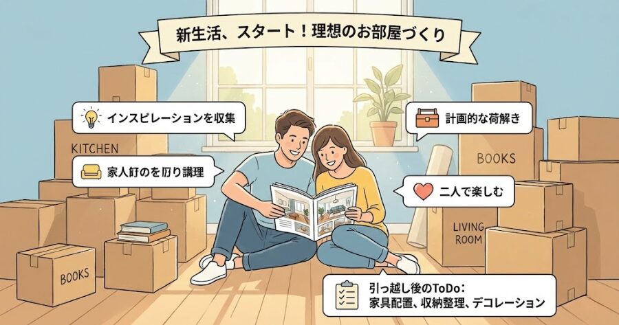 引っ越しの段ボールに囲まれて、楽しそうにインテリア雑誌を見ているカップル