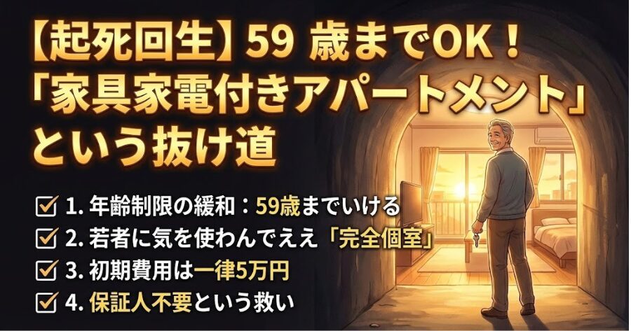 【起死回生】59歳までOK!「家具家電付きアパートメント」という抜け道 1. 年齢制限の緩和:59歳までいける 2. 若者に気を使わんでええ「完全個室」 3. 初期費用は一律5万円 4. 保証人不要という救い