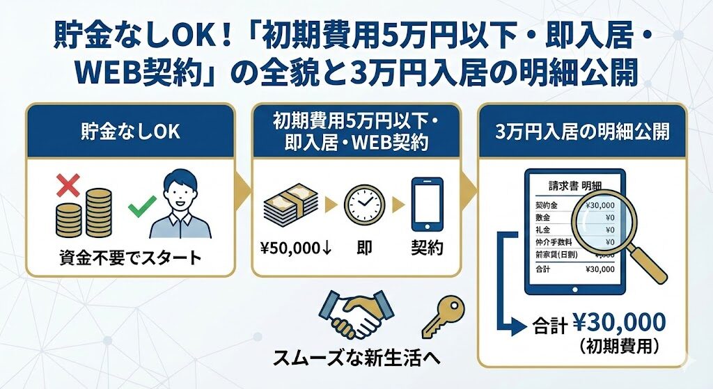 貯金なしOK！「初期費用5万円以下・即入居・WEB契約」の全貌と3万円入居の明細公開の図解