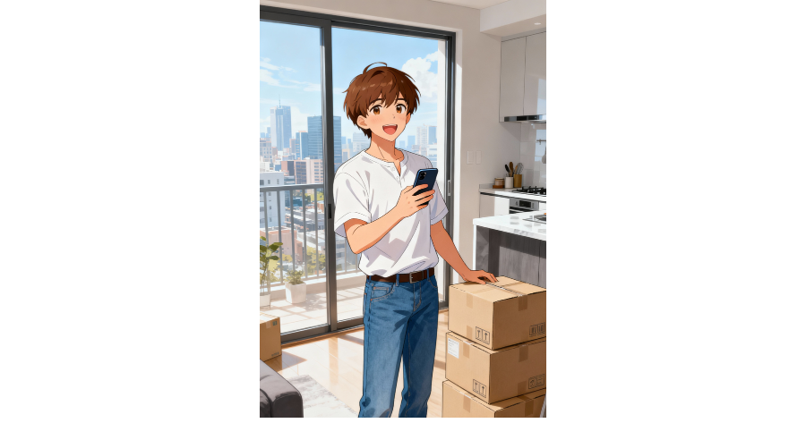 「スマホで契約完了」「即入居できて助かった」イメージイラスト