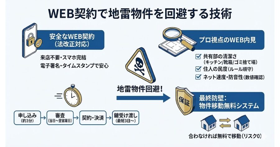 来店不要は危険？「初期費用5万円以下・即入居・WEB契約」で地雷物件を避ける回避術の図解
