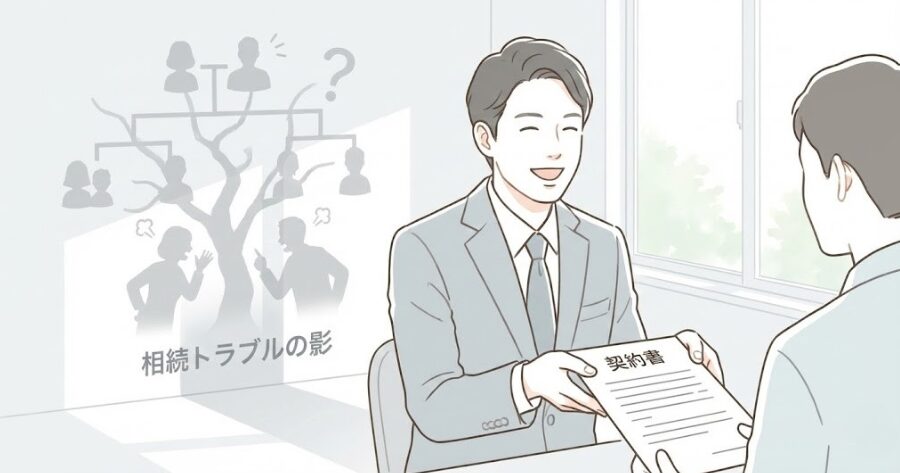 営業マンが笑顔で契約書を差し出し、背後に「相続トラブル」の影が見えるイラスト