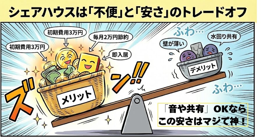 「『東京の家賃が安すぎる』には裏がある…」の冒頭 【図解イメージ】
タイトル: シェアハウスは「不便」と「安さ」のトレードオフ 内容: 天秤(シーソー)のイラスト 左の皿(メリット): 「初期費用3万円」「毎月2万円節約」「即入居」
右の皿(デメリット): 「壁が薄い」「水回り共有」
状態: メリットの方が重く、傾いている。
キャプション: 「音や共有」を許容できる人だけが、この圧倒的な安さを享受できる。