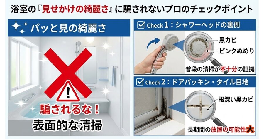 浴室に入ったら、パッと見の綺麗さに騙されてはいけません。 まず、シャワーヘッドをクルッと裏返して、水が出る穴の周辺を見てください。
ここに黒カビやピンク色のぬめりが溜まっていませんか？もしそうなら、普段の清掃が表面的な部分しか行われていない証拠です。 次に、ドアのゴムパッキンやタイルの目地をチェック。黒カビが深く根を張っているようなら、長期間ちゃんと掃除されていない可能性が高いです。
インフォグラフィック。