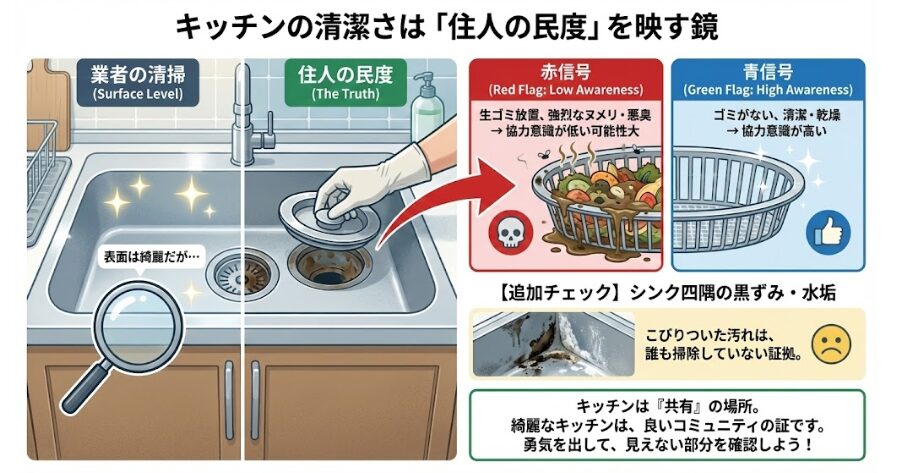 キッチンは、業者の清掃だけでなく、住人の「民度」が最も現れる場所です。  勇気を出して、シンクの排水溝のフタを開け、ゴミ受けカゴを確認してください。 生ゴミが溜まったままだったり、強烈なヌメリや悪臭がしたら赤信号です。住人が協力して綺麗に使おうという意識が低い可能性があります。  また、シンクの四隅に黒ずみや水垢がこびりついていないかもチェックしましょう。
インフォグラフィック