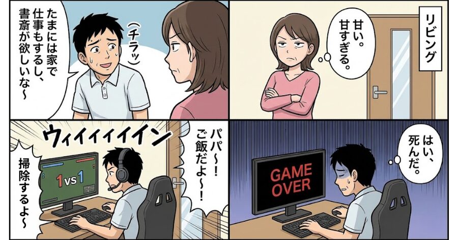 「たまには家で仕事もするし、書斎が欲しいな〜（チラッ）」
ウィイイイイイン（掃除機の音） 「パパ〜！ご飯だよ〜！」（ドアガチャ）
漫画風シーンのイメージイラスト