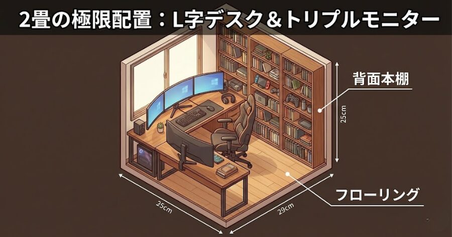 2畳の部屋にL字デスクとトリプルモニター、背面本棚を配置した間取り図解