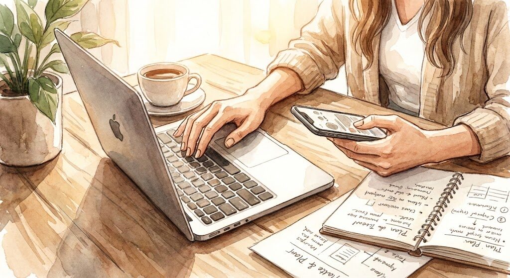 パソコンやスマホで、真剣に画面を見ている手元の画像
イラスト