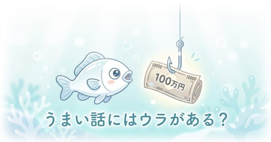 釣り針に下がった「100万円」の札に、魚（カモ）が食いつこうとしているイラスト