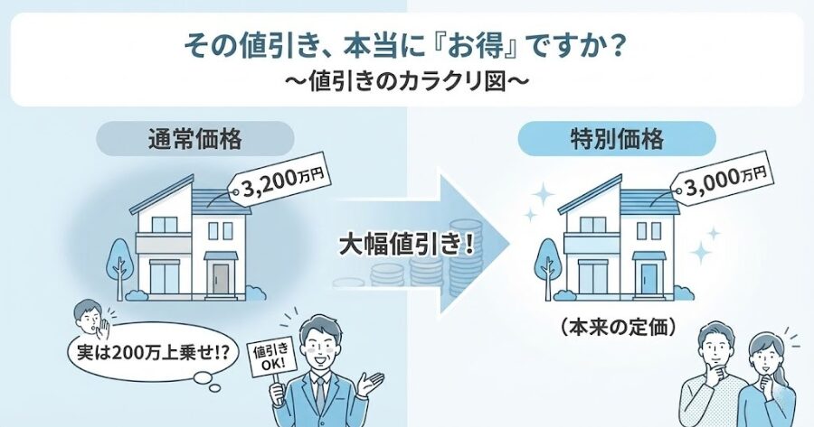 値引きのカラクリ図。左側「通常価格3200万（実は200万上乗せ）」→ 矢印 → 右側「特別価格3000万（本来の定価）」