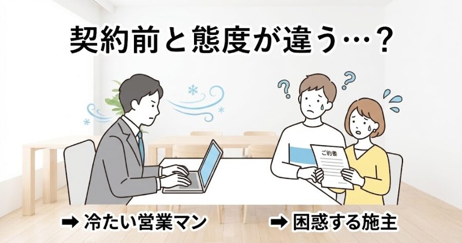 契約後に冷たい態度に変わる営業マンと、困惑する施主のイラスト