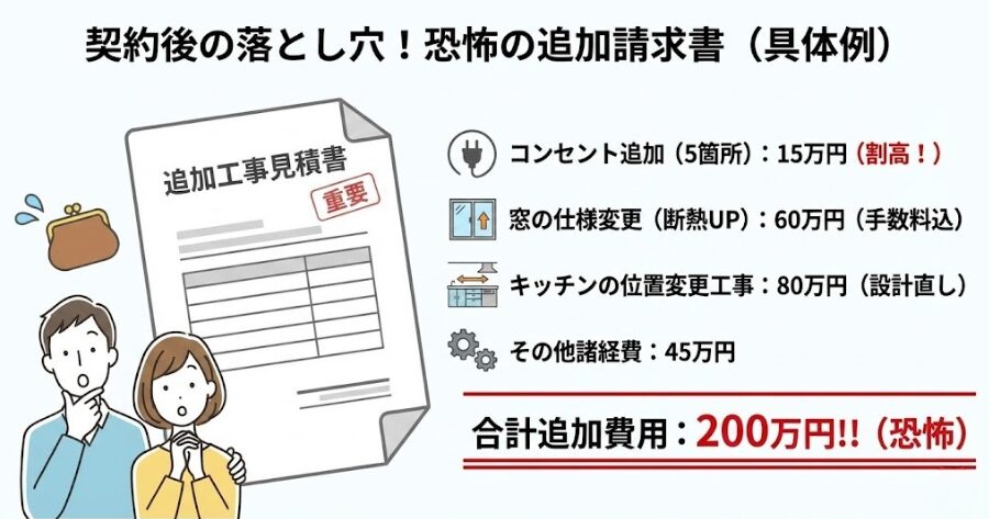 追加請求書のイメージ画像。以下の金額がリストアップされている
コンセント追加（5箇所）： 15万円（契約後単価で割高）  窓の仕様変更（断熱UP）： 60万円（標準仕様からの変更手数料含む）  キッチンの位置変更工事： 80万円（配管設計のやり直し費含む）  その他諸経費： 45万円
合計：200万円オーバー