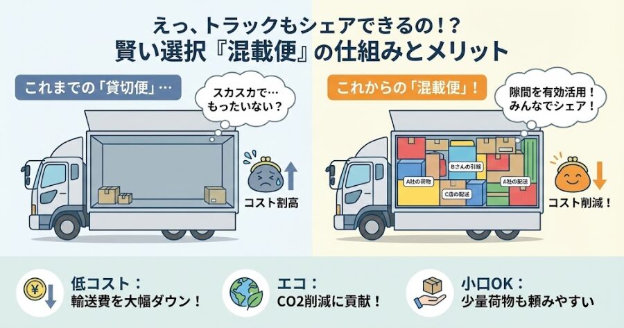 イラスト：トラックの隙間に荷物を積む「混載便」のイメージ