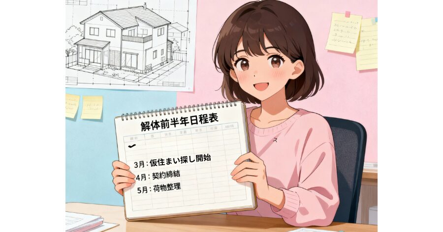 建て替え 仮住まい 探し方
建て替え 仮住まい いつから探す
建て替え 仮住まい スケジュール
仮住まい 短期 探し方
建て替え 段取り 仮住まい
建て替えの仮住まい探しは、いつ(何ヶ月前)から始めるのがベスト?
具体的な探し方のステップ(やることリスト)は?
どの業者(不動産屋、ネット)に相談すればいい?