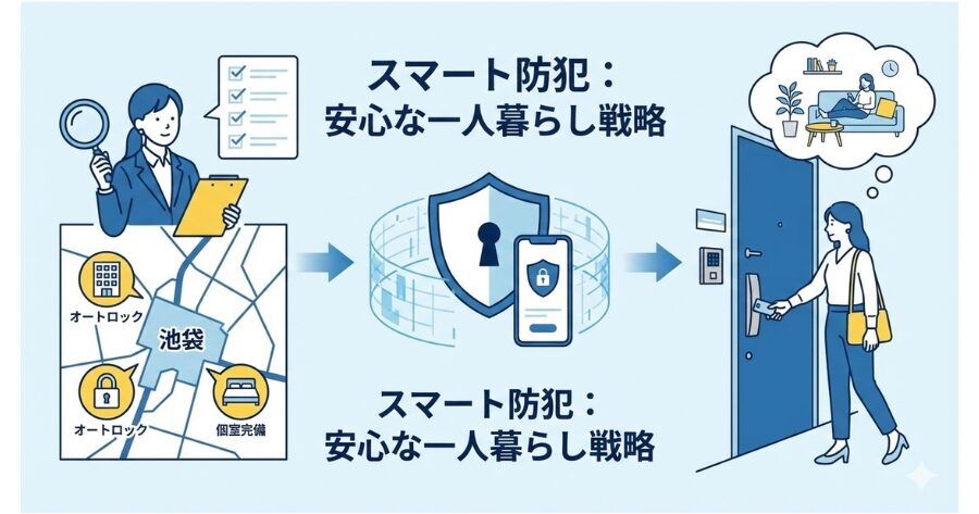 女性の一人暮らしも安心？池袋でオートロック・個室完備を狙う防犯テクニックをビジネス風にイラスト