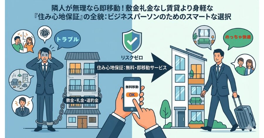 隣人が無理なら別のシェアハウスへ無料で即移動！敷金礼金なし賃貸より身軽な「住み心地保証」の全貌をビジネス風にイラスト