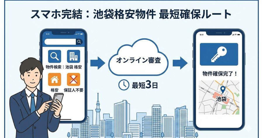 スマホ完結で保証人不要！池袋の格安物件を審査3日で確保する最短ルートをビジネス風にイラスト