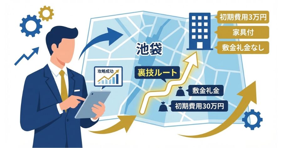 初期費用5万円以下どころか3万円！池袋で敷金礼金なし・家具付を掴む裏技をビジネス風にイラスト