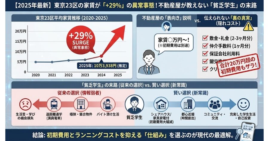 【2025年最新】東京23区の家賃が「+29%」の異常事態！不動産屋が教えない「貧乏学生」の末路を解説したインフォグラフィック