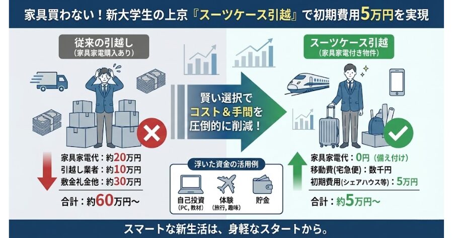 家具買わない！新大学生の上京初期費用5万円で叶う「スーツケース引越」を説明したインフォグラフィック