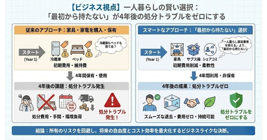 冷蔵庫もベッドも捨て金？「一人暮らし家具費用を抑える」より「最初から持たない」が、4年後の処分トラブルをゼロにする説明をしたインフォグラフィック