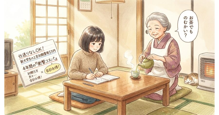 仕送りなしOK！新大学生の上京初期費用5万円と4年間の「衝撃コスパ」を若い日本人女子大学生が茶の間でメモに計算している所に、おばあちゃんが「お茶でものむかい？」っとお茶をいれているほんわかしたイラスト