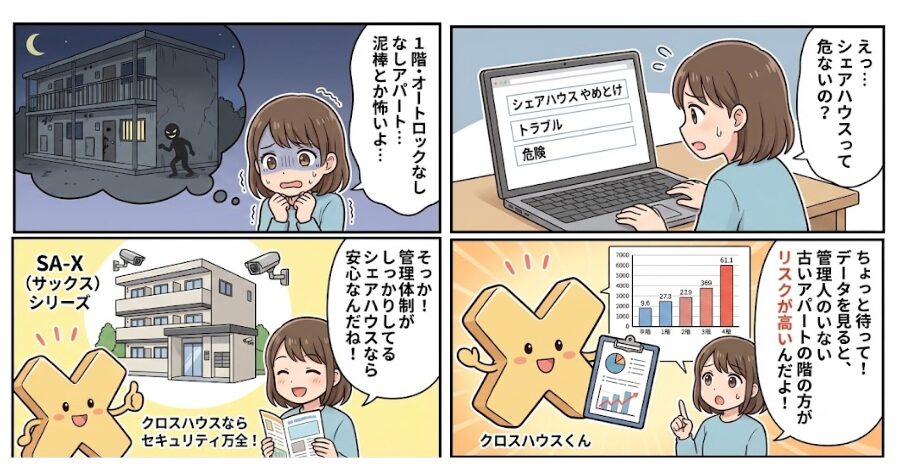 ネットの「シェアハウスはやめとけ」は本当か？データで見る「1階・オートロックなし」アパートの危険性について4コマ漫画にした。