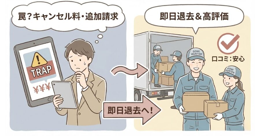 即日退去へ！ゴミ屋敷ハンターの口コミ評判とキャンセル料・追加請求の罠のインフォグラフィック