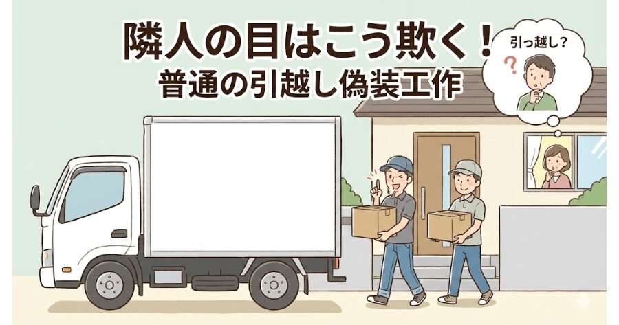 隣人の目はこう欺く！社名なしトラック＆私服作業による「普通の引越し偽装工作」の徹底ぶりがヤバいイメージするビジネス風のイラスト