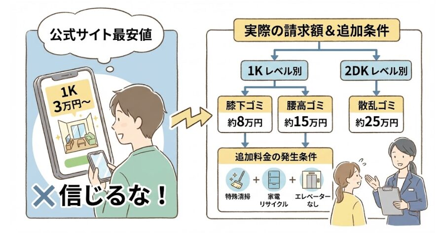 公式サイトの「最安値」を信じるな！1K・2DKの汚部屋レベル別「実際の請求額」と追加料金の発生条件インフォグラフィック