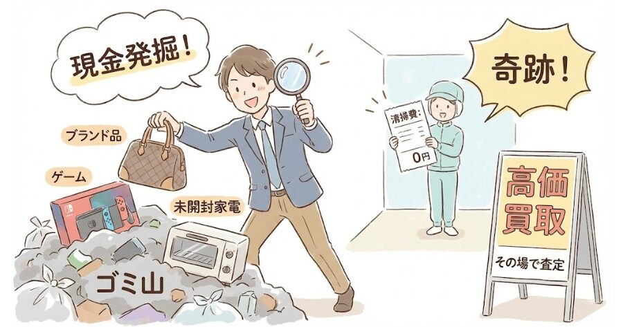 ゴミ山から現金発掘！ブランド品・ゲーム・未開封家電をその場で査定する「高価買取」で清掃費が0円になった奇跡をイメージするインフォグラフィック