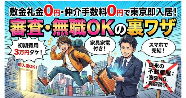 敷金礼金0円・仲介手数料0円で東京即入居！審査・無職OKの裏ワザ 漫画風カラーイラスト