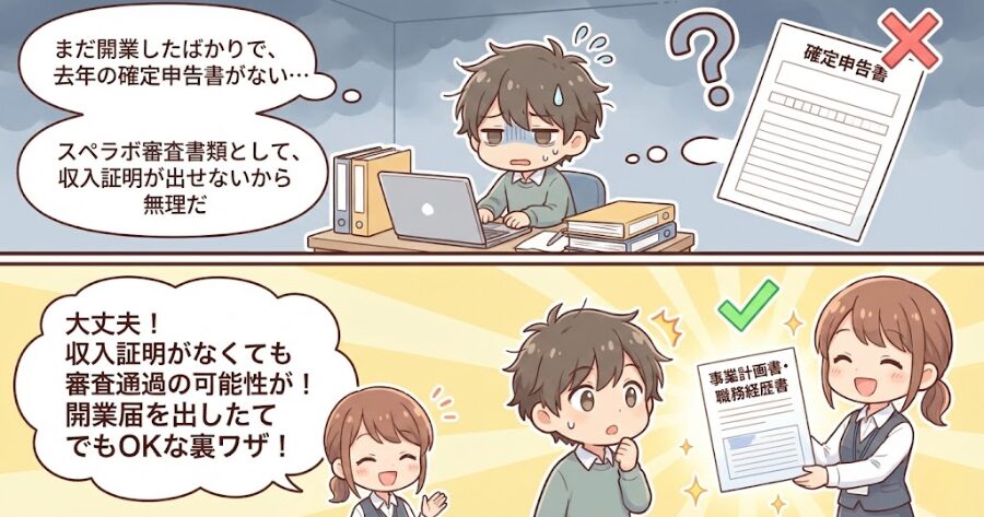 「まだ開業したばかりで、去年の確定申告書がない…」
「スペラボ 審査 書類として、収入証明が出せないから無理だ」
インフォグラフィック
