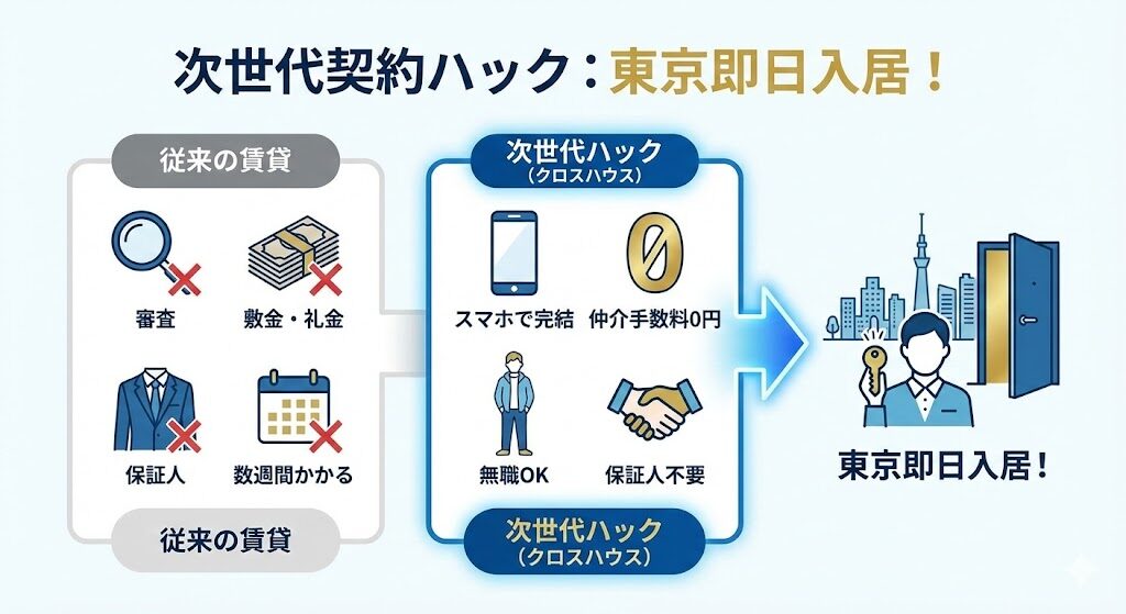 審査なし?仲介手数料0円で東京即日入居!無職・保証人不要の「次世代契約ハック」
上記のインフォグラフィック