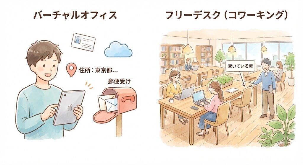 バーチャルオフィス: 作業スペースはなく、「住所」と「郵便受け」を借りるだけのサービス。 フリーデスク(コワーキング): 個室ではなく、図書館のようなオープンスペースの空いている席を使う権利。
インフォグラフィック