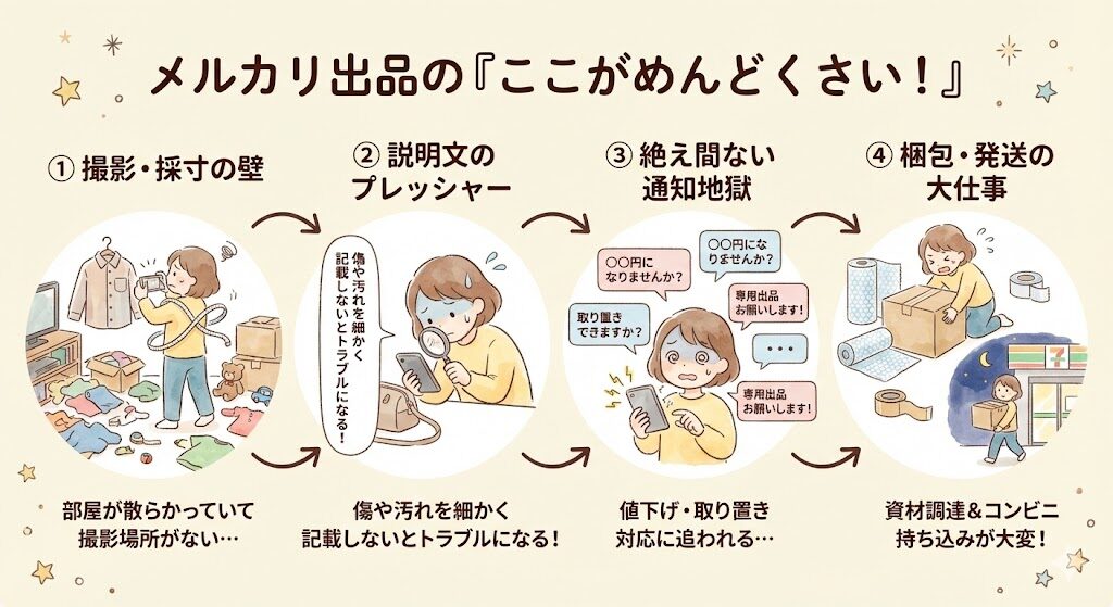 映える写真撮影と採寸(部屋が散らかっていて撮影場所がない)
商品説明文の作成(傷や汚れを細かく記載しないとトラブルになる)
絶え間ない通知(「〇〇円になりませんか?」「取り置きできますか?」への対応)
梱包と発送(段ボールやプチプチを買いに行き、コンビニへ持ち込む)
上記のインフォグラフィック