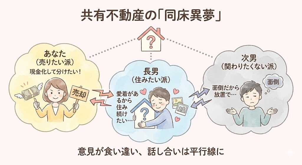 あなた：「現金化して分けたいから売りたい」
長男：「愛着があるから住み続けたい」
次男：「面倒だから関わりたくない（放置）」
上記をインフォグラフィックにして