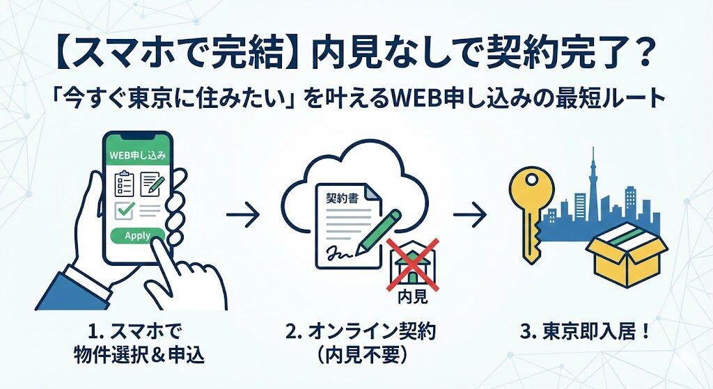 【スマホで完結】内見なしで契約完了?「今すぐ東京に住みたい」を叶えるWEB申し込みの最短ルート
上記のインフォグラフィック
